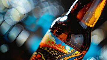 A tightly cropped shot of a craft beer bottle emphasizing the vibrant colors and bold graphics of the label. It showcases an abstract illustration of hops and barley hinting at th photo