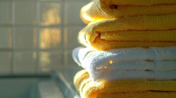 A stack of towels ready to be used for drying off after the ice bath photo