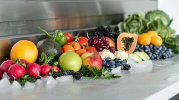A variety of fruits and vegetables displayed on a ting board a nod to the nutrientrich diet often paired with ice bath detoxing photo