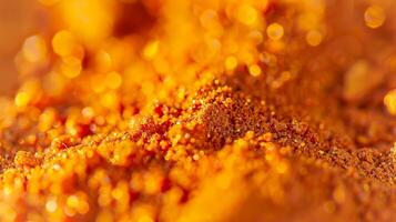 A closeup of a vibrant orange e mix enhanced by pops of bright yellow and deep red. The finely ground consistency is visible and appears almost sandy but its rich coloring hints a photo