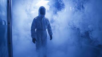 A brave individual braves the intense cold of a cryotherapy chamber their body wrapped in a protective suit as they stand amidst the icy fog photo