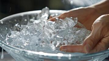 A closeup of someones hand immersed in a bowl of ice water a common technique for improving circulation and reducing swelling photo