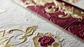 A detailed shot of a set of embossed stationery featuring a traditional crest design in rich burgundy and gold. The crests are raised and create a stunning contrast against the smoot photo