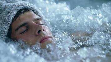 A man covered in towels taking deep breaths as he submerges himself in a tub of ice water photo