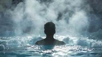 A person sitting in an ice bath their breath visible in the cold air as they try to relax and embrace the freezing temperatures photo