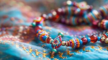 A closeup of a beaded anklet shows off the delicate seed beads each one handstrung and beautifully patterned showcasing the skill and attention to detail put into every piece photo