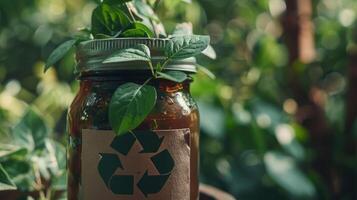 un etiqueta en un vaso tarro con orgullo proclama sus utilizar de reciclado materiales destacando sus compromiso a reduciendo residuos foto