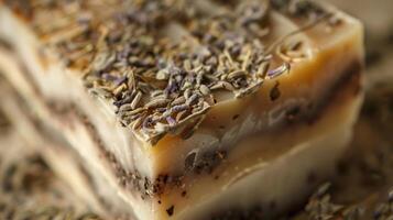 This detailed shot of a patchouli and sandalwood soap bar shows the intricate layers of dried herbs and woodsy scents that make for a relaxing and earthy experience photo