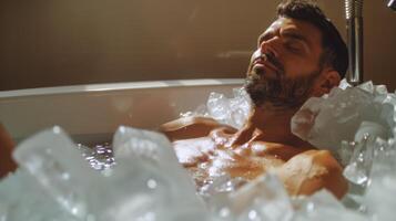 A man sitting in a bathtub filled with ice cubes focusing on his breathing as he practices. photo