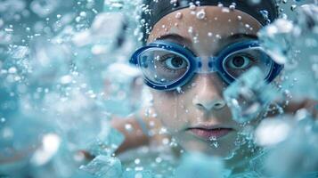 A young competitive swimmer confidently dives into a pool filled with ice cubes determined to push their limits and improve their performance through cold water training photo