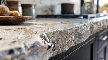 The closeup of this natural stone countertop showcases its unique texture with small irregular divots and crevices that add character and depth to the stone photo