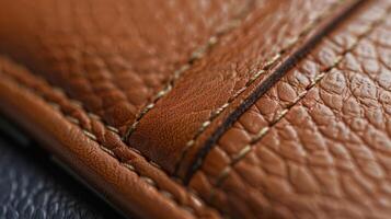 A highquality leather phone case is displayed in this image showing off the smooth and luxurious texture of the material. The stitching is done with finesse and adds a touch of photo