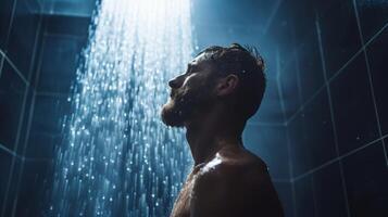 A man standing in a cold shower to improve his ability to stay calm and grounded in uncomfortable situations photo