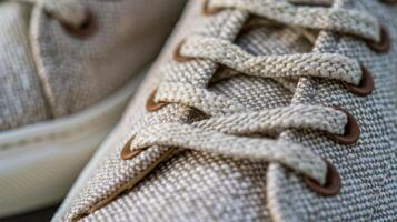 The delicate yet strong stitching on a pair of sustainable canvas sneakers is captured in an upclose image. Made from recycled materials and vegetabletanned leather these shoes ar photo