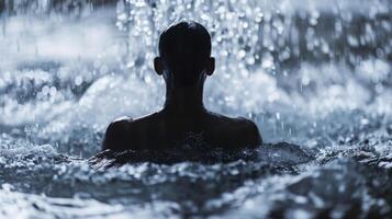 A person meditating while immersed in an ice bath finding tranquility in the midst of the cold photo