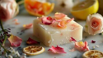 A soap bar is trimmed in a delicate arrangement of rose petals and slices of dried citrus peel adding a burst of color and natural exfoliation photo