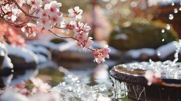 A quiet garden with a peaceful pond filled with icy water that is used for meditative ice baths in the presence of blooming cherry blossom trees photo