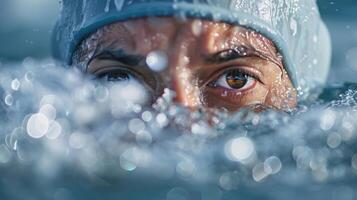 A swimmer takes a deep breath before plunging into the icy waters the chill in the air matched only by the determination in their eyes photo
