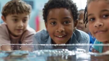A group of elementary school students participate in a science experiment measuring the effects of cold water immersion on their heart rates and discussing the potential benefits fo photo