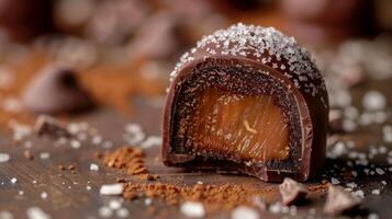 A crosssection of a round chocolate truffle showing the layers of chocolate and creamy caramel filling sprinkled with sea salt for a delightful contrast of flavors photo