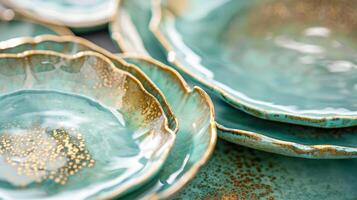 A set of handcrafted ceramic plates in various sizes each delicately glazed in hues of turquoise and gold for a stunning oneofakind look photo