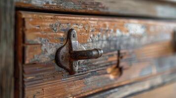 A rusty hardware drawer pull on a wooden cabinet complementing the vintage feel of the furniture photo