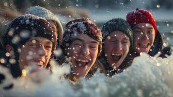 A group of friends huddled together for warmth as they take turns jumping into the freezing lake and cheering each other on photo