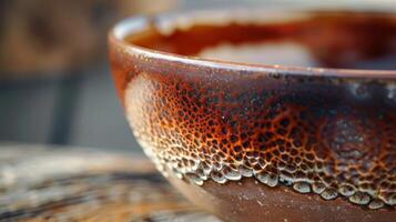 The rich earthy tones and unique patterns on a handcrafted ceramic bowl featuring a glossy finish and rough edges for a distinct handmade feel photo