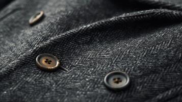 A zoomedin shot of a sustainable wool coat showcases the unique blend of natural fibers including merino wool and recycled polyester. The meticulous double stitching and reinforce photo
