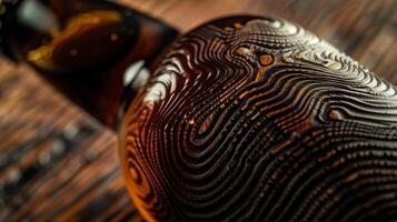 A detailed shot of a craft beer bottle highlighting the unique texture of the label which resembles a wood grain. This adds to the rustic and artisanal feel of the packaging photo