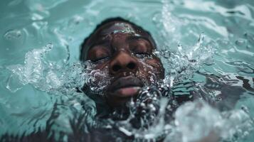 An artistic shot of a person fully immersed in an ice bath with the quote Embrace the struggle for it will lead you to greatness elegantly written on the side photo