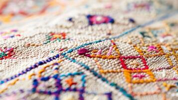 A detailed shot of a vintage embroidered fabric with vibrant multicolored threads creating a geometric pattern on a white background. The fine needlework and delicate details are eviden photo