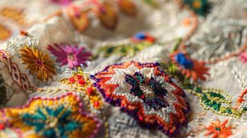 The precision and attention to detail in the embroidery on a sustainable cotton blouse is apparent in a zoomedin image. The use of natural dyes and locally sourced materials makes thi photo