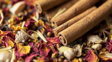 The rough texture of crushed ginger pieces and whole cinnamon sticks mingled with the delicate softness of chamomile and hibiscus petals in a herbal infusion blend photo