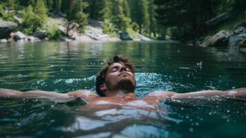 A man floating on his back in a tranquil lake relishing the feeling of cool water rushing over his body and lulling him into a state of relaxation photo