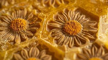 An upclose photo of a hexagonal soap bar capturing the intricate patterns of dried chamomile flowers and turmeric powder etched into the surface of the soap. Each side of the soap