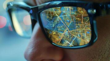An upclose image of a smart glass displaying a 3D map with touch controls allowing for easy zooming and panning photo