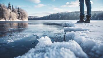 A serene winter landscape with a person standing on the edge of a frozen lake preparing to take a frigid plunge for a burst of vitality photo