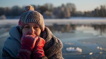 Gloves and hats are essential for ice in the winter as a woman tightly wraps herself in a towel after completing her morning swim in a frozen lake photo