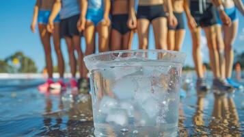 A group of individuals stand in a row in front of a large bucket of ice water each determined to push their limits and build their resilience photo