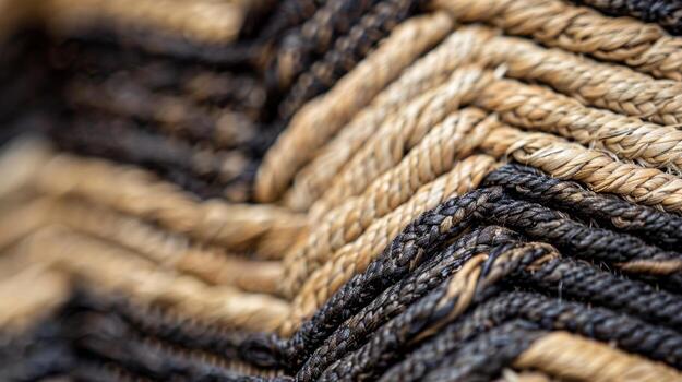 This closeup captures the playful zigzag pattern of a handwoven rattan basket with alternating strands of light and dark fibers creating a striking contrast photo