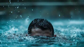 A person submerged in a pool with only their head above water shivering slightly as the cold water works its magic photo