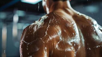 An athletes body is covered in temporary bruises from a cupping treatment which is often used in combination with cryotherapy for enhanced muscle recovery photo