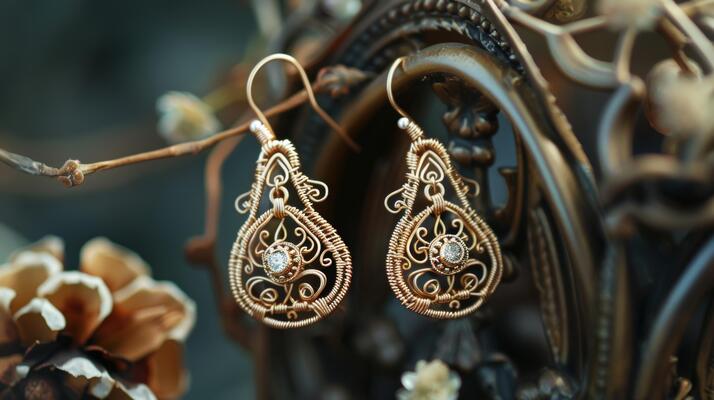 A pair of dainty earrings feature intricate wire wrapping with tiny gemstones peeking through the intricate design