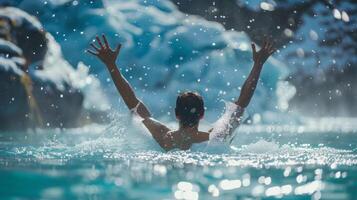 A person emerging from an ice bath arms raised triumphantly with the quote No pain no gain displayed next to the image photo