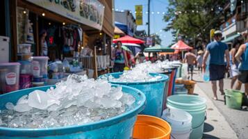 A makeshift ice bath setup at a summer street fair with buckets of ice and a tub of icy water inviting passersby to take the plunge photo