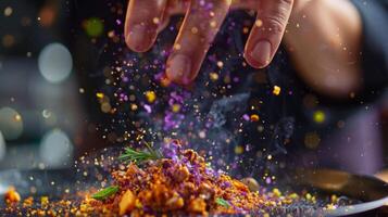 A closeup shot of a hand gently sprinkling a mixture of gourmet es over a dish capturing the fine texture of the blend as it falls through the air. The colors are a mesmerizing blen photo