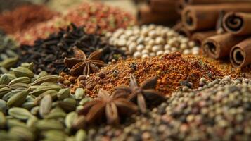 In this image a variety of whole gourmet es are on display including cumin seeds cloves and star anise. The different shapes sizes and textures create a visually intriguing mix photo