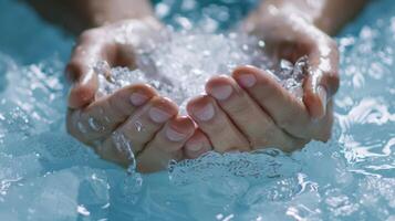 A persons hands clasped together in front of them completely at ease as they soak in the ice bat photo