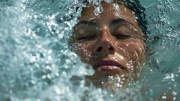 A woman submerged up to her chest in an ice bath gracefully flowing through a series of sun salutations with total concentration and determination photo